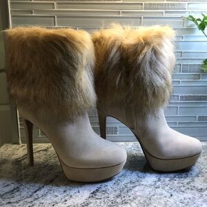 Ginani Bini “Dimitria” faux fur, platform boots in “Sierra Tan”